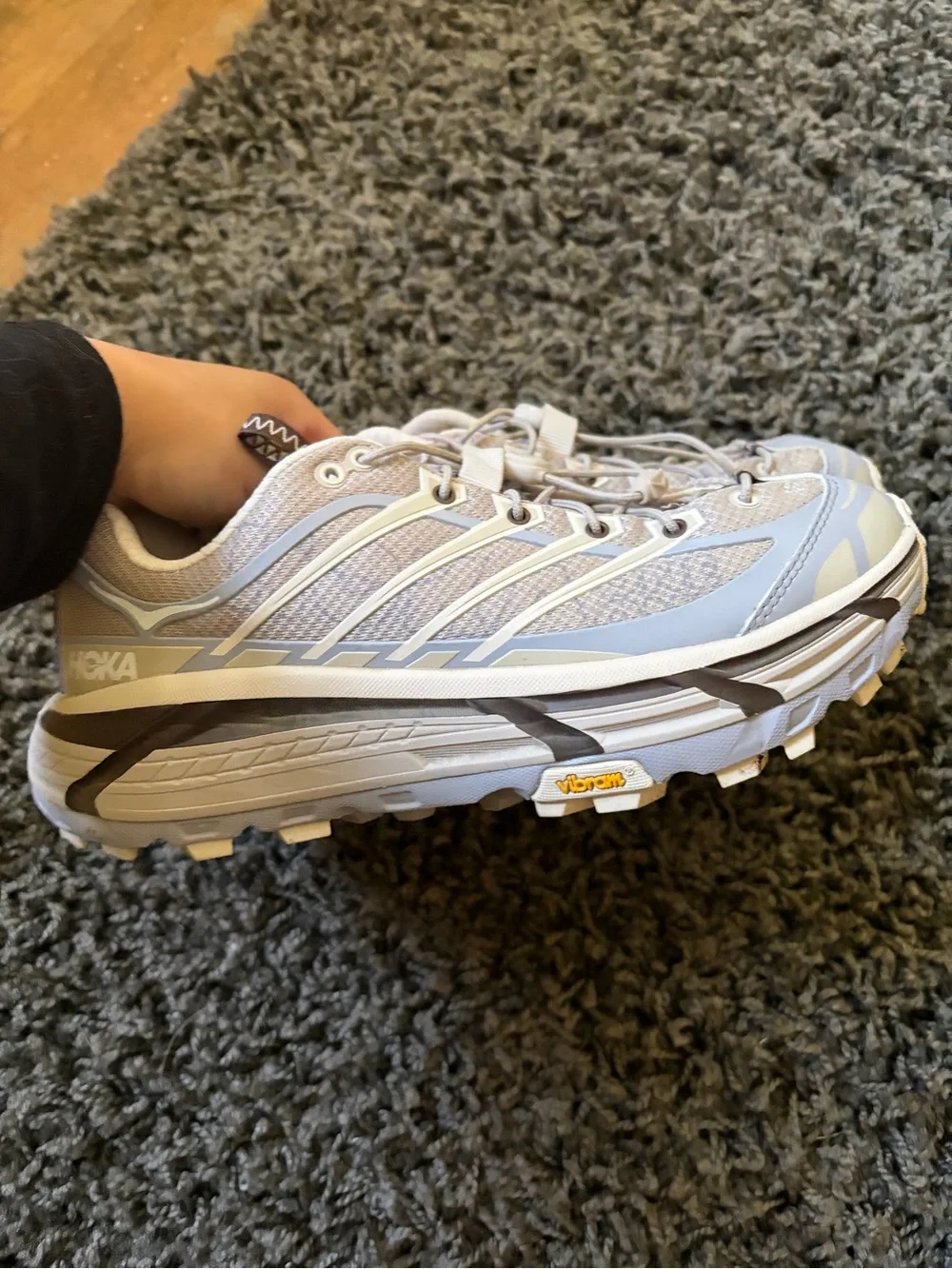 Hoka Mafate Three2 Women’s Trail Sneakers — Putty Foggy Gray